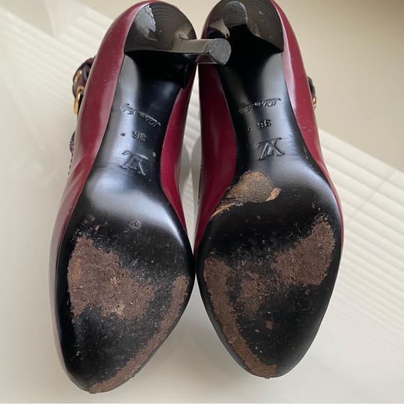 Louis Vuitton Burgundy Ankle Straps  Gold Buckles Heels SZ 6/36 - Picture 10 of 13